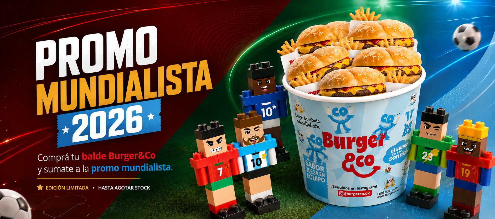 Promo mundialista 2026 BurgerCo con balde, hamburguesas y juguetes coleccionables